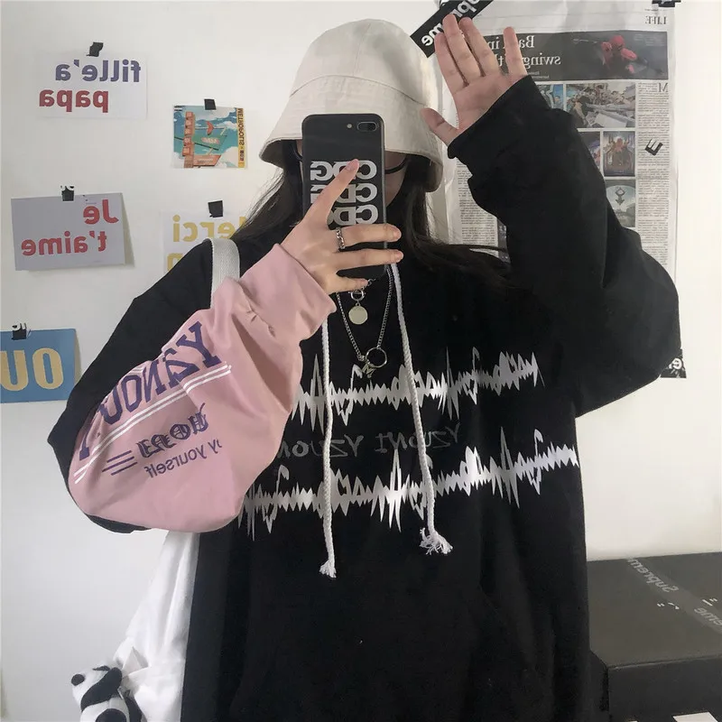 

KOSAHIKI 2021 Patchwork Harajuku Sweatshirts Japanese Streetwear Hooded Women Tops Fake Two Pieces Vintage Retro Hoodies 11a078