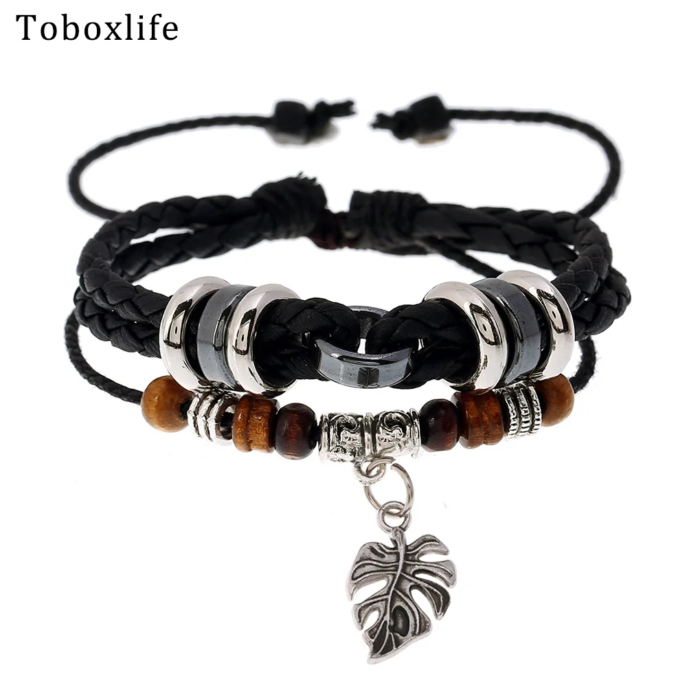 Toboxlife Модные Винтажные черно коричневые кожаные браслеты в виде листьев для