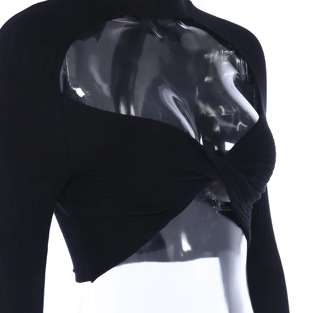 

Women's Solid Color Top, Long Sleeve Hollowing Out Crop Top, Midriff-baring Slim Fit Clothes Navel Hollow navel wrap breast
