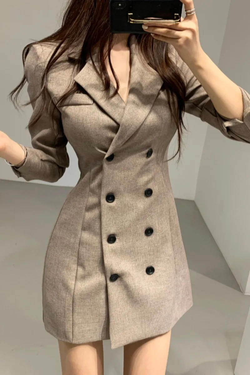 

Dresses Spring 2021new Women's Temperament Lapel Double Breasted Slim Waist A- Line Business Suit and Dress Short Skirt Kawaii