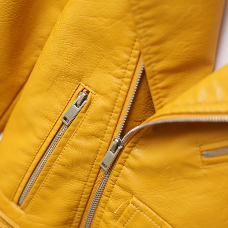 Brand Womens Leather Jacket New Pattern Bright Candy Colors Slim Turn-down Collar Motorcycle Short Autumn Coat With Belt | Женская