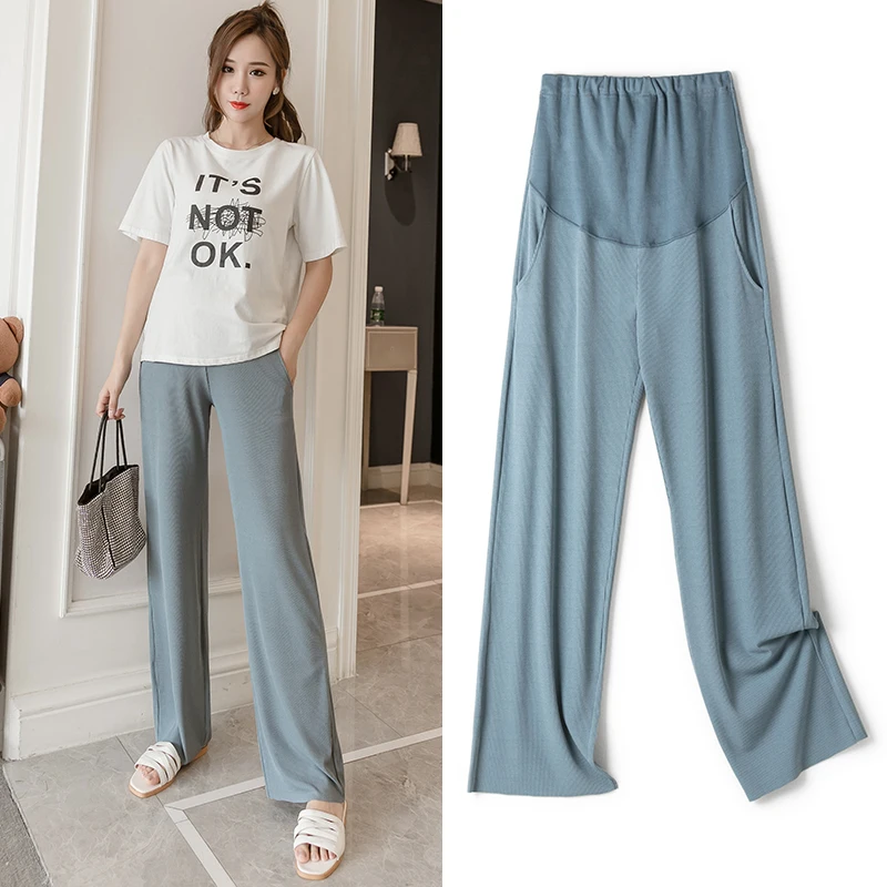 2022 Summer Pregnant Women Trousers Cool High Waist Maternity Wide-legged Pants Cotton Pregnancy Straight Trousers Belly Clothes