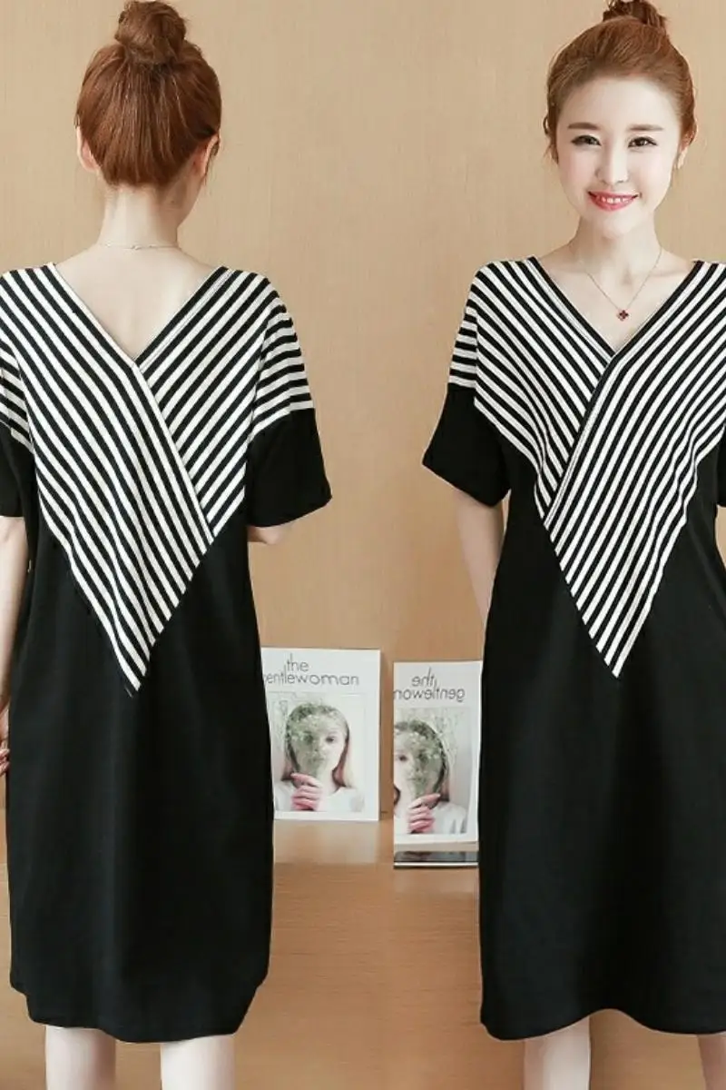 FJ1347B-2020 summer new large size women's short-sleeved V-neck t-shirt casual mid-long striped dress women | Женская одежда