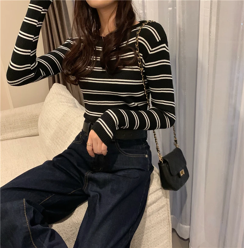 Women Long Sleeve Fashion Striped Sweaters O Neck Bottoming Slim Sweater Female Casual Pullover Tops |
