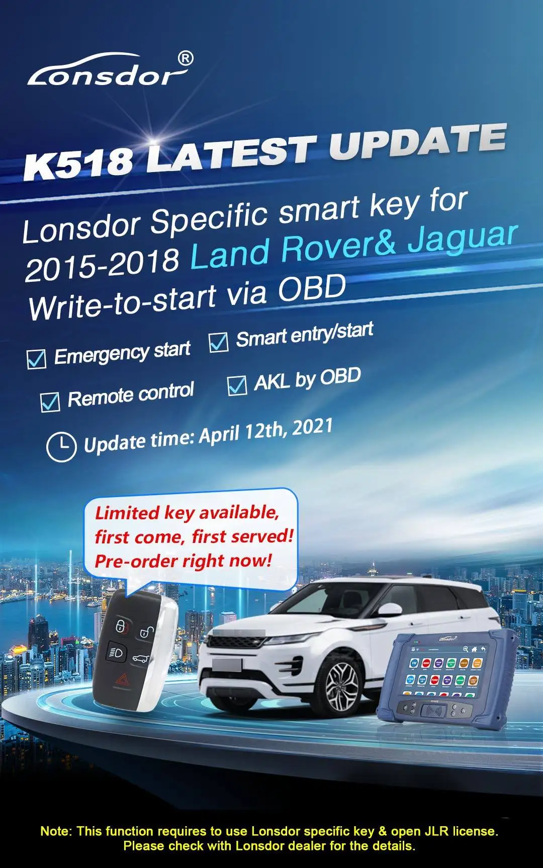 Lonsdor специальный смарт-ключ для Land Rover Jaguar 2015-2018 5 кнопочный 315/433 МГц JLR ключ