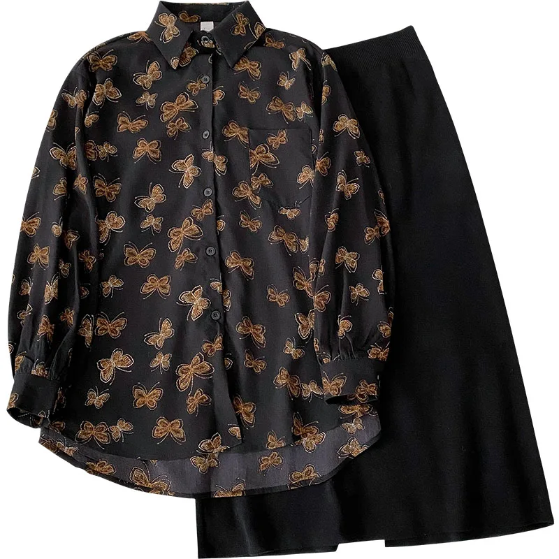 

Vintage Skirt Set Women Two Piece Suit Spring Autumn Turn-down Collar Long Sleeve Oversize Floral Shirt + High Waist Black Skirt