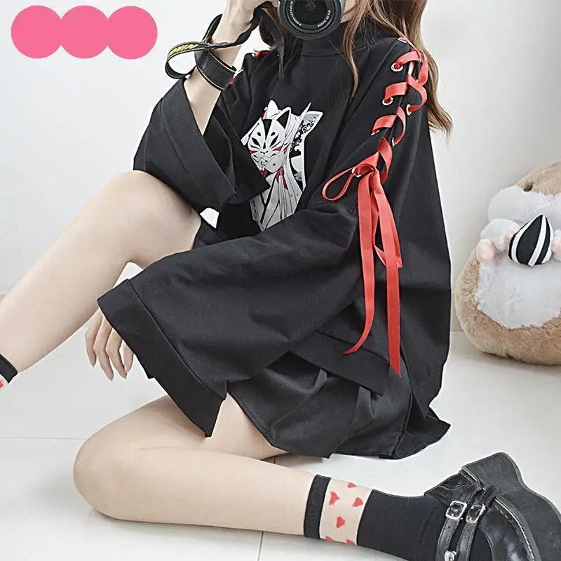 Summer Women's clothing cosplay Anime fox printed cross ribbon Women Lolita Girls' T-shirt harajuku spring Top skirt hoodies