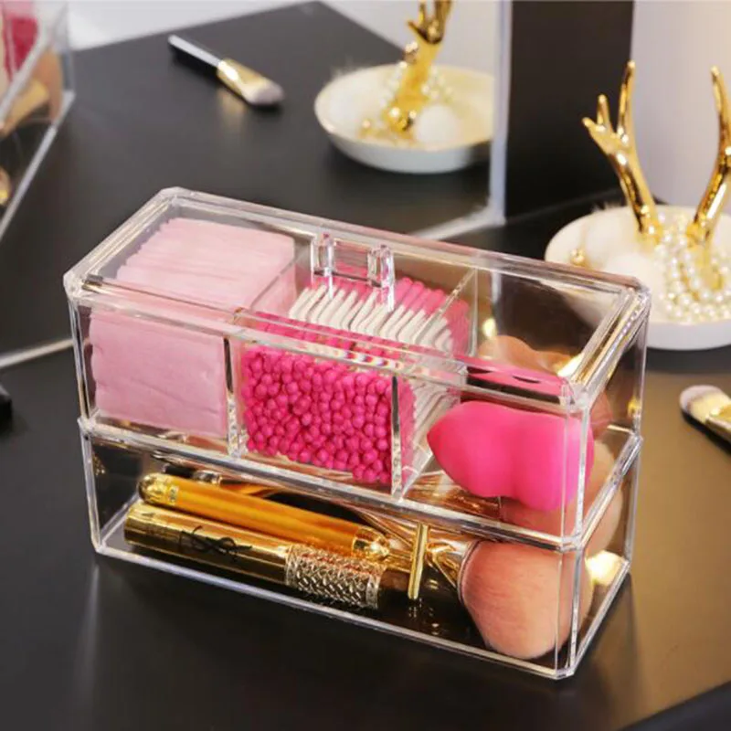 

Double-layer Makeup Storage Box Cosmetics Organizer Transparent Plastic Box Makeup Brush Drawer Finishing with Cover Dustproof