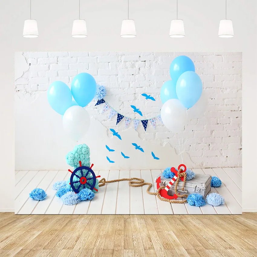 

1st на день рождения Новорожденные детская навигатор морской синий фон с воздушными шарами для фотосъемки во-первых вечеринок по случаю Дня ...