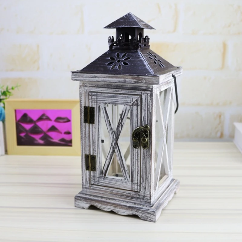

Rustic Style Vintage Distressed Wooden Lantern Decorative Hanging Pillar Candle Holder Candlesticks for Tabletop Wedding