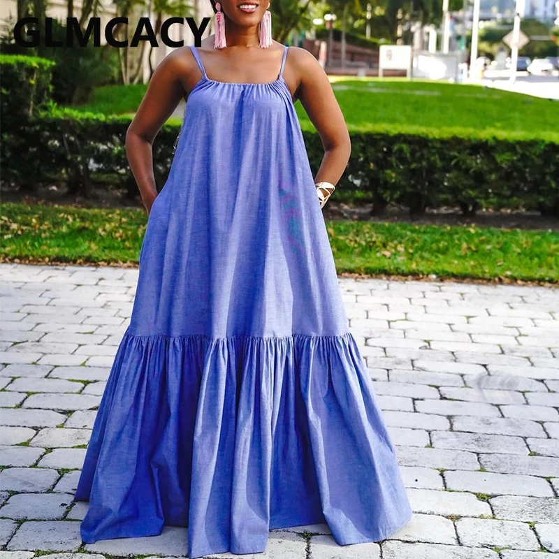 

Женское однотонное свободное платье макси без рукавов на тонких бретельках