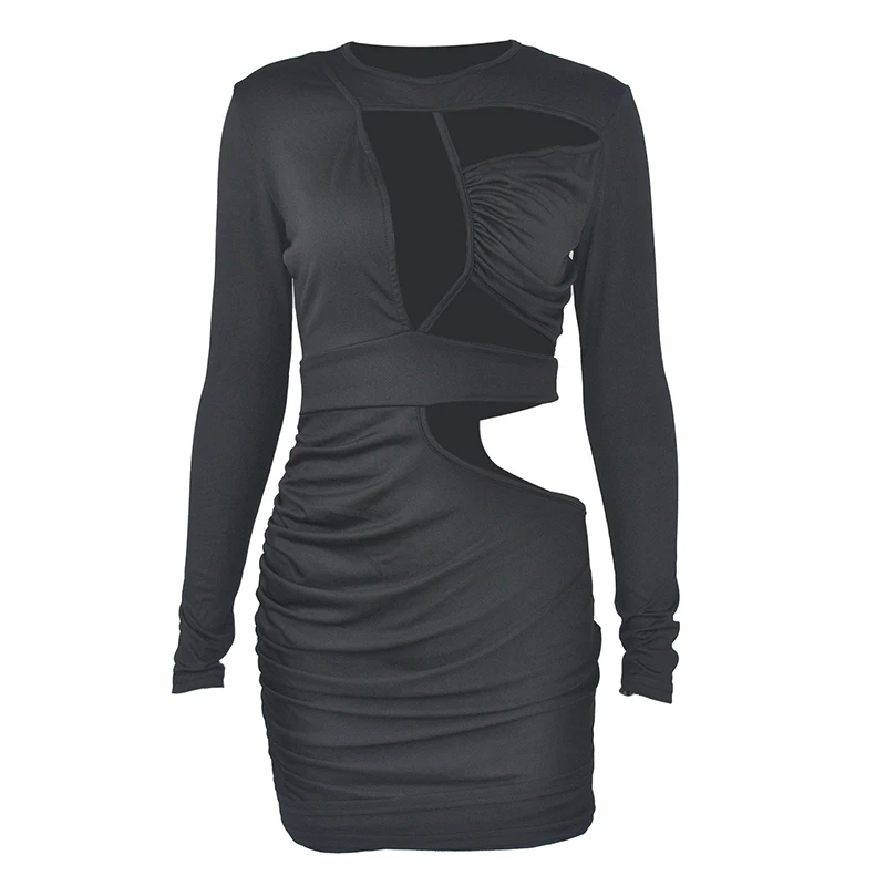 

Women Sexy Party Club Mini Dresses Fashion Long Sleeve Hollow Out Ruched Bodycon Dress Vestidos de fiesta Solid Clubwear Outfits