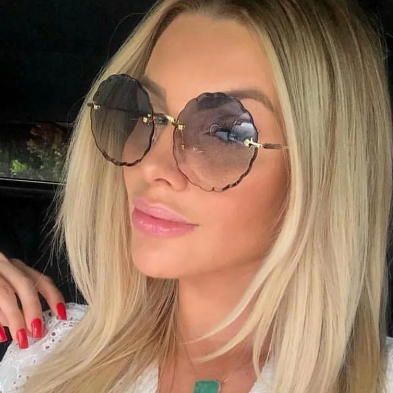 

Fashion Oversized Round Sunglasses Women Flower Design Trendy Rimless Sun Glasses Shades for Women Driving Eyewear UV400