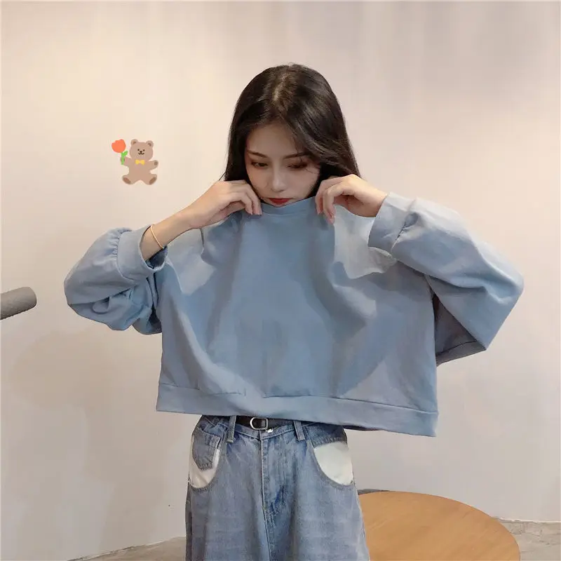 

Women No Hat Hoodies Solid Crop Tops Sweatshirts Simple Japanese Style Sweet All-match O-neck Harajuku Students Spring Fresh Ins