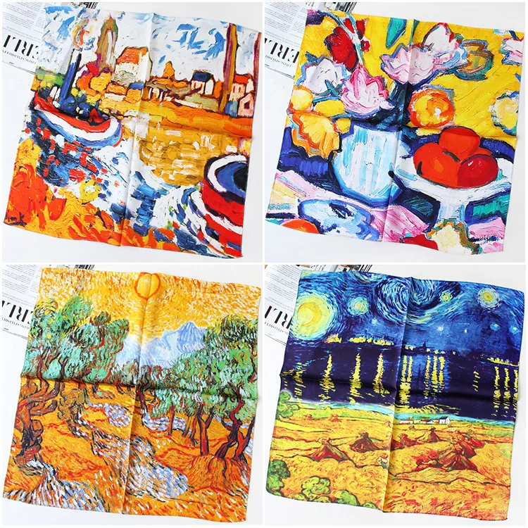 

1 шт. головной убор картина маслом Шелковый квадратный шикарный шарф женский платок Ван Гога дизайнерский роскошный шейный платок с принтом
