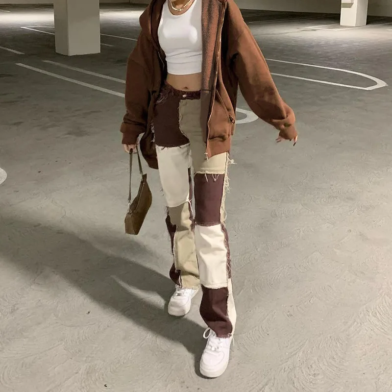 2021 Brown Straight Jeans For Girls Female Fashion Patched Women Vintage Denim Pants New High Waisted Trouser Harajuku Capris
