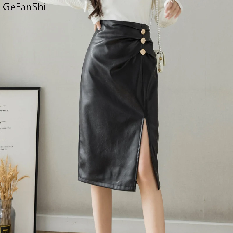 

Women PU Leather Split Skirt High Waist Button Bodycon Black Female Midi Skirt Autumn Winter Elegant Ladies Fashion Cute Skirts