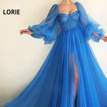 LORIE Vestidos de Fiesta azules con apliques sweetart, mangas largas abullonadas, vestido de noche árabe dividido en la parte delantera de tul, corsé para fiesta, 2021 (4)