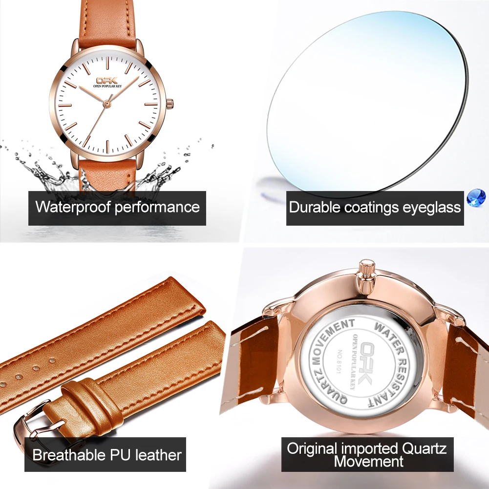 

OPK 2021 Casual Fashion Ladies Watch Sapphire Glass 30m Waterproof Leather Strap Stainless Steel Ultra-Thin Simple Quartz Watch