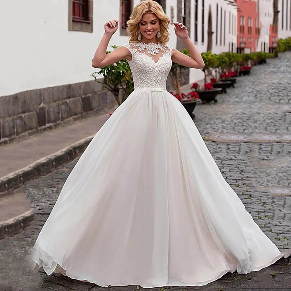 Charming Chiffon Jewel Neckline A-Line Wedding Dress With Lace Appliques & Belt Lace Up Bridal Dress