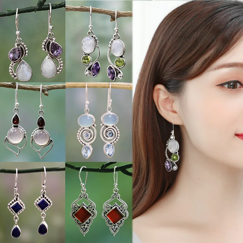 2019 Новинка 1 пара серег серебро ретро подарки ручной работы лунный камень женские