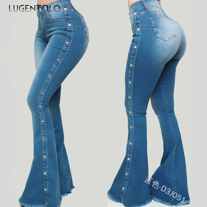 

Lugentolo Autumn Women Jeans New Casual Side Breasted Bell-bottom Pants High-Waisted Female Slim Long Jeans