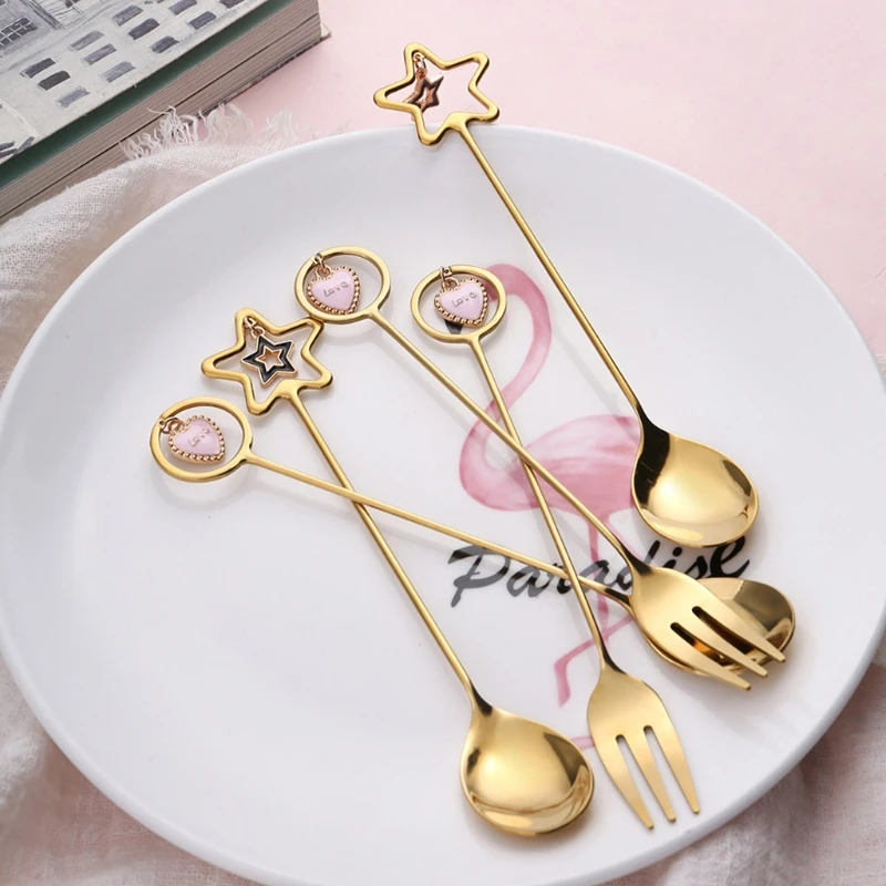 

6pcs/set Stainless Steel Coffee Spoon Dessert Fork Star Heart Ornaments Teaspoons Mixing Stirrer Kitchen Tableware