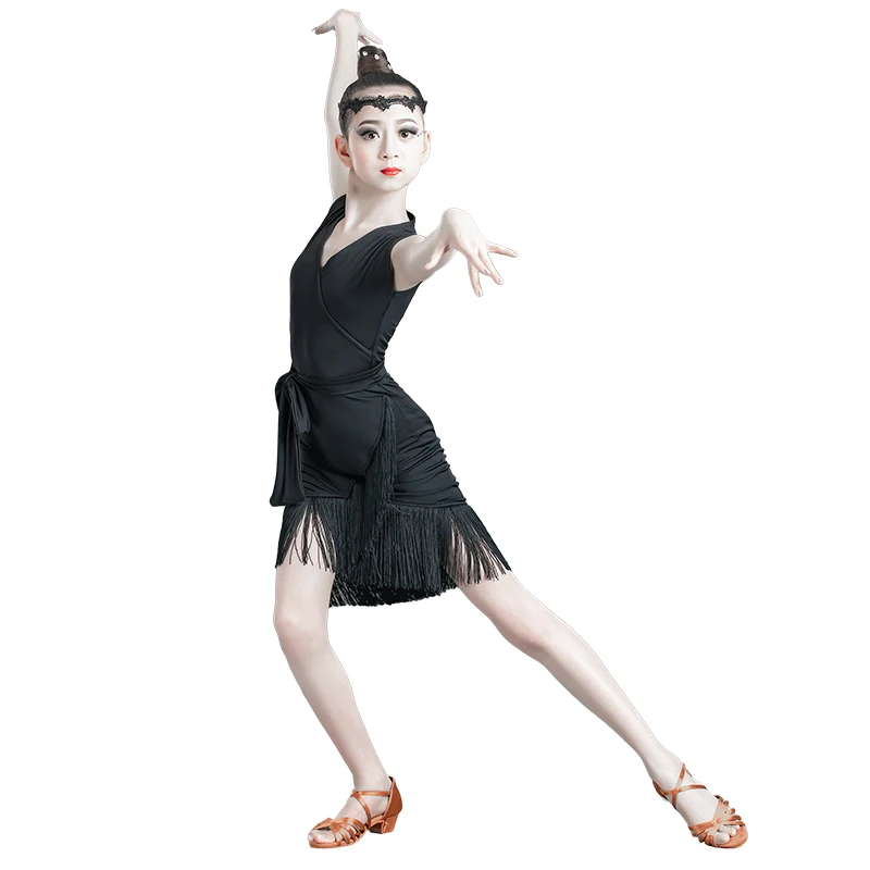 

Mid Long Sleeve Children's Latin Dance Dress V-neck Summer Kids Sexy Salsa Tango Black Tassel Professional Competition Costumes