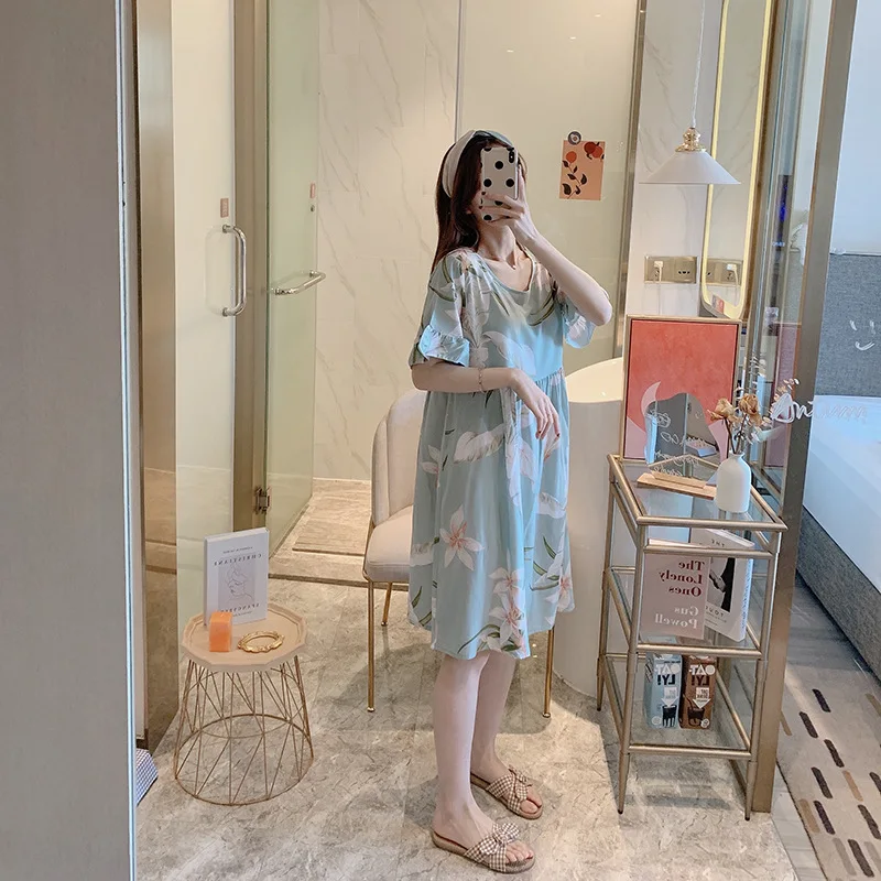 

Print Flower Female Nightgown Cotton Summer New Short Sleeve Nightdress Intimate Lingerie Short Home Dressing Gown Sleepwear