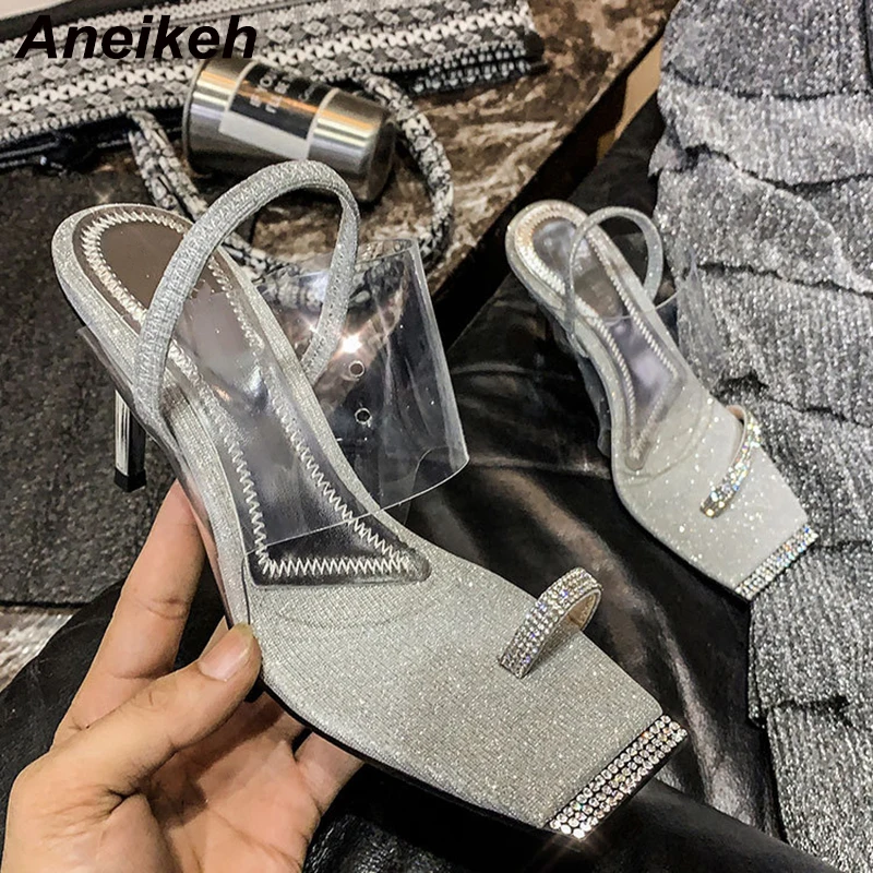 Женские Босоножки на каблуке Aneikeh серебристые римские сандалии с блестками и