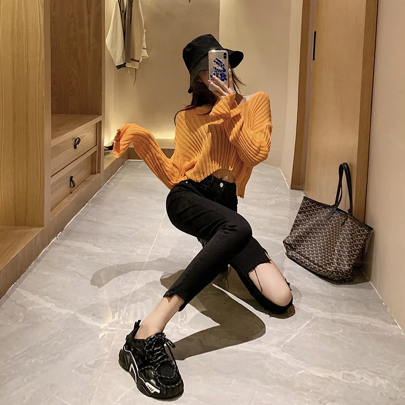 

Hong Kong Fashion Chic Ripped Cool Washed Slim Fit Cropped Jeans Western Style Skinny Pants 2021 Autumn New