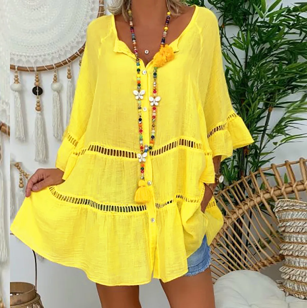 

Mandylandy Summer Three Quarter Flare Sleeve Single-Breasted Hollow Out V-neck T-shirt Women Solid Color Loose Stitching T-shirt