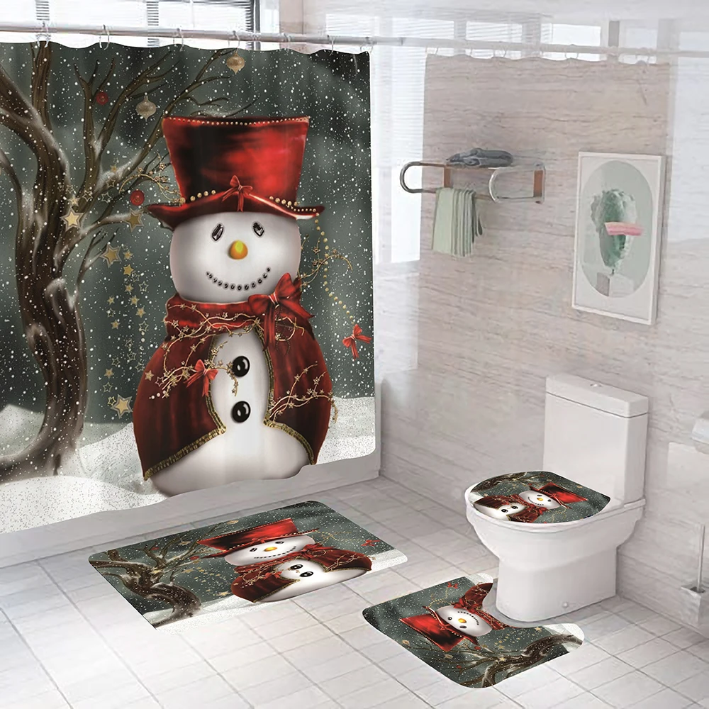 

3d Snowman Anti-slip Bath Mat Set Merry Christmas Shower Curtain Toilet Seat Cover Non Slip Rug Bathroom Curtains with Hooks