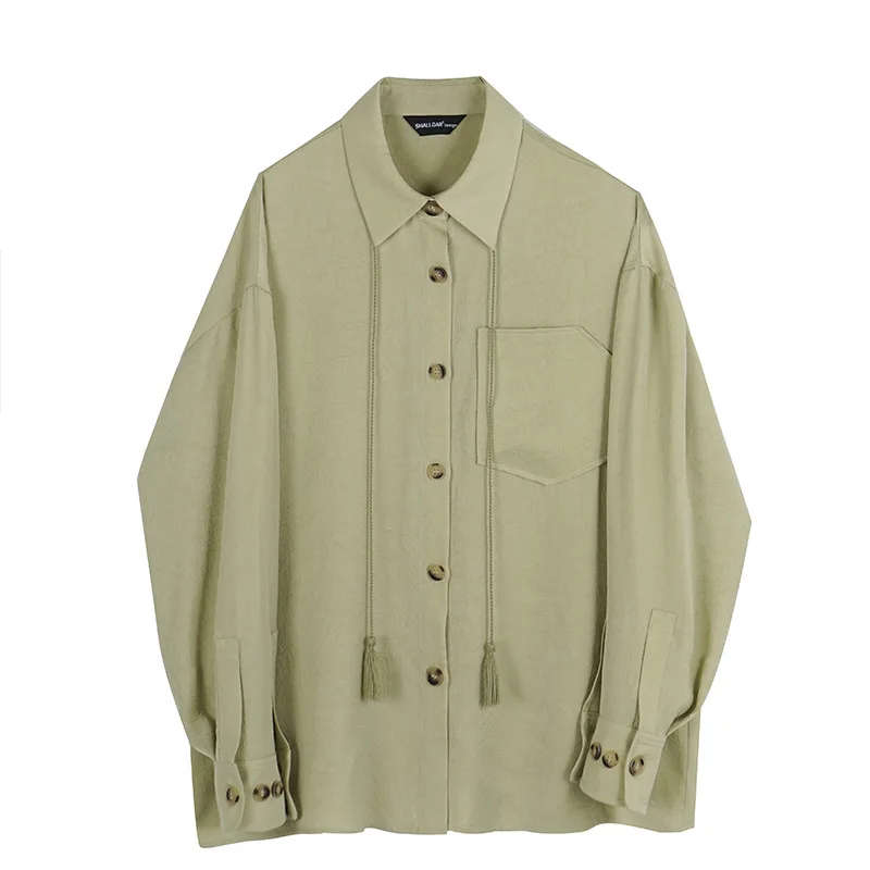 

LANMREM 2021 Spring New Green Blouse Women Long Sleeve Loose Single Breasted Drawstring Decoration Plus Size Shirt Female 2D1139