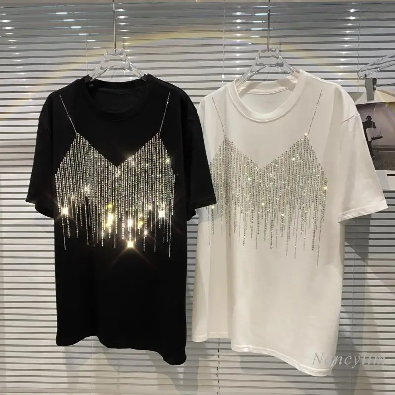

Shiny Rhinestone Tshirt Women 2021 Summer New Fashiona Short Sleeve Loose T-shirts Girls Ladies Causal Tops White Black