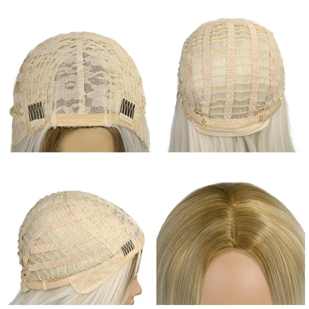 

Fave Ombre Straight Bob Wig Synthetic Blonde Mixed to Brown Middle Part Heat Resistant Fiber Daily Party Hair for Women