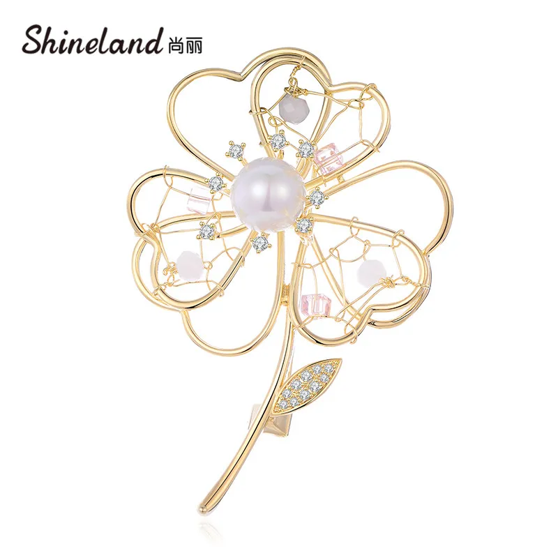 

Shineland Ladies Simulated Pearl Metal Hollow Flower Brooch Pin Cardigan Shirt Shawl Pin Coat Badge Women Jewelry Accessories