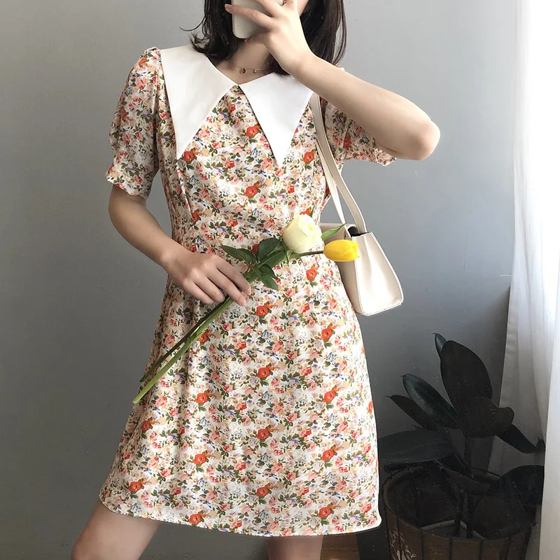 Лето 2020 новое платье с цветочным рисунком и воротником в морском стиле высокая