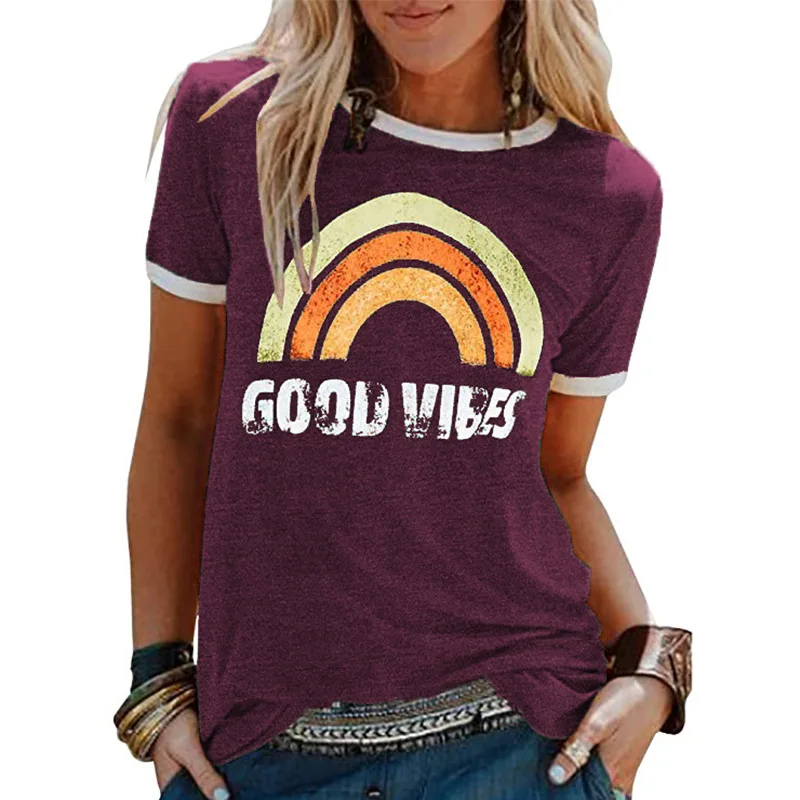 GOOD VIBES Rainbow Print T-shirt For Women Casual Summer Tops 2021 New O-Neck Short Sleeve Loose Tshirt Woman Clothes Plus Size images - 6