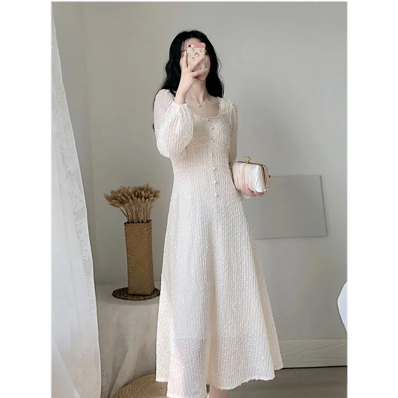 

Autumn Women White Solid Long Lantern Sleeve Dress Vintage Elegant Sweet Square Collar Button Lady Party A-line Long Dresses2020