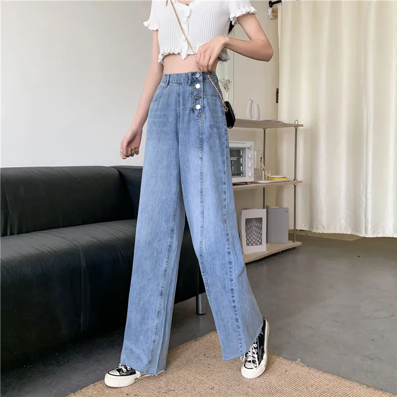 

Straight Mop Jeans for Women Spring 2021 New Korean Style Sense of Design Slimming High Waist Wide Leg Pants All-Matching