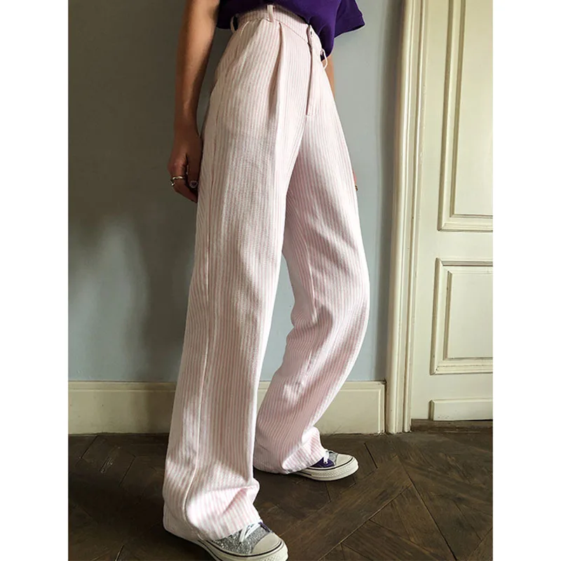Полосатые брюки женские длинные прямые свободные хлопковые в Вертикальную