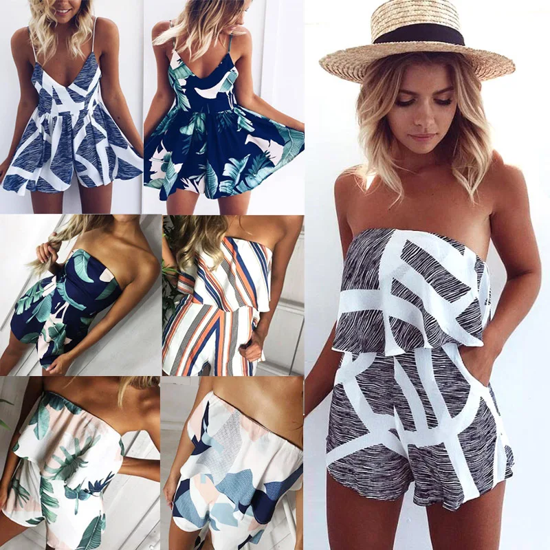 

Jumpsuits For Women Summer 2021 Sleeveless Sexy V-neck Spaghetti Strap Printed Short Jumpsuit Beach Loose Playsuit Ruffles Rompe