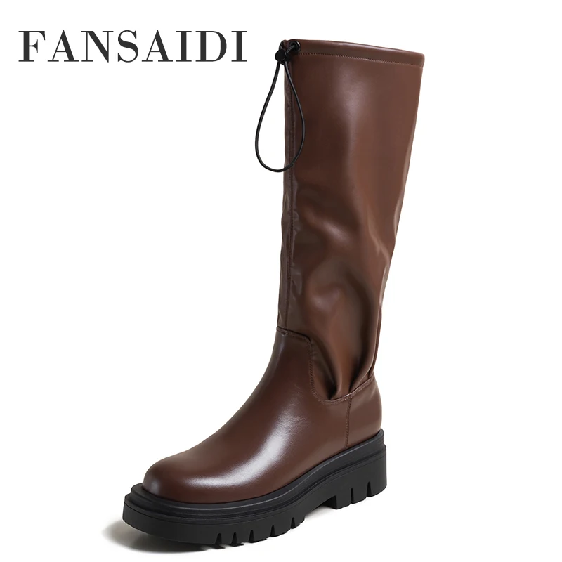 

FANSAIDI Winter High Heels Brown Genuine Leather Round toe Flats Slip On Consice Sexy Clear Heels Boots Ladies Boots New 40 41