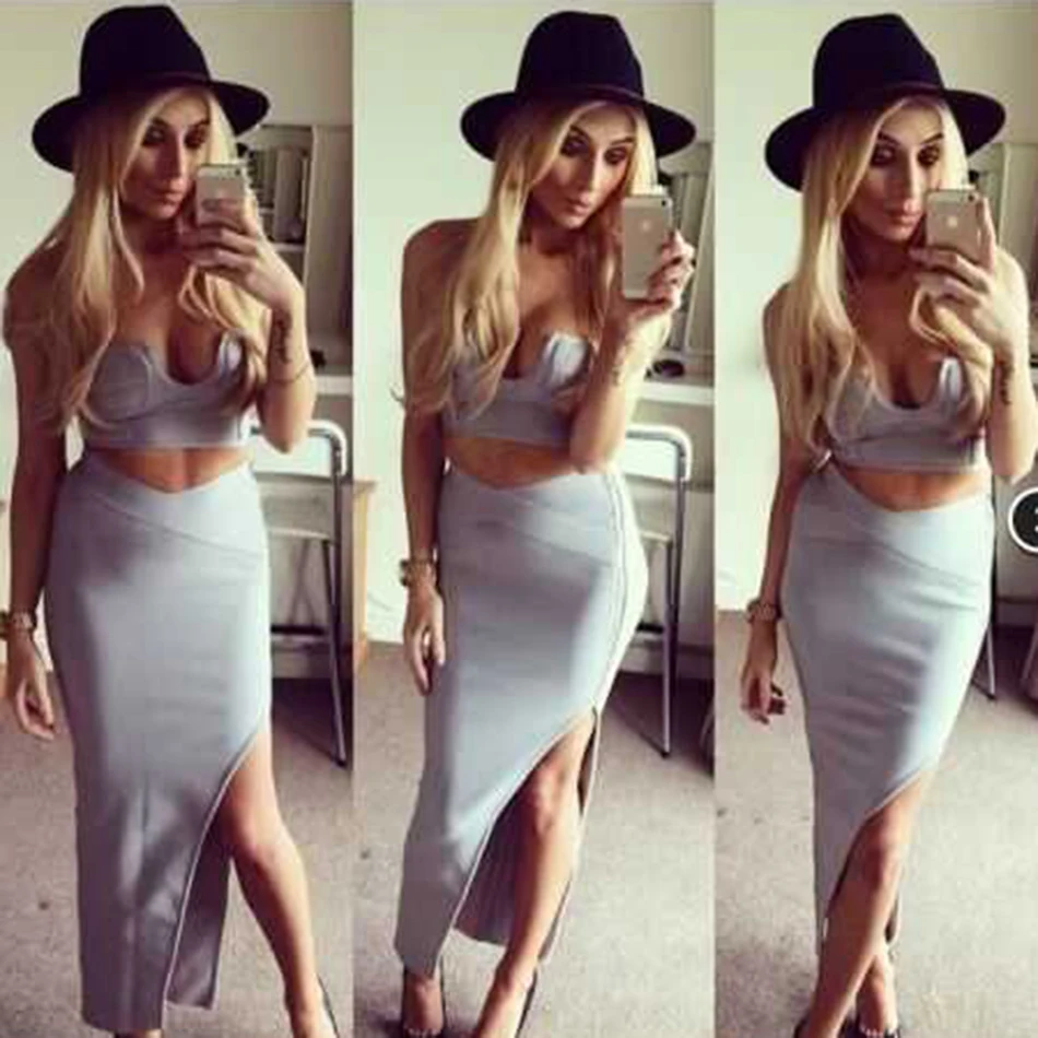 

2020 Summer New Ladies Suit Sexy Black Short Deep V-Neck Crop Top And Long Split Bodycon Bandage Dress 2-Piece Set