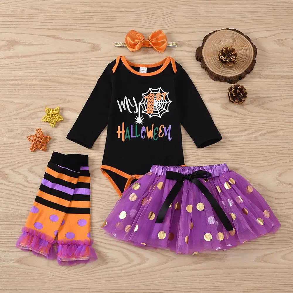 

4PCS Baby Girls Halloween Party Theme Costume Newborn Baby Cosplay Set Dress Suit Christening Outfits Princess Ball Gown