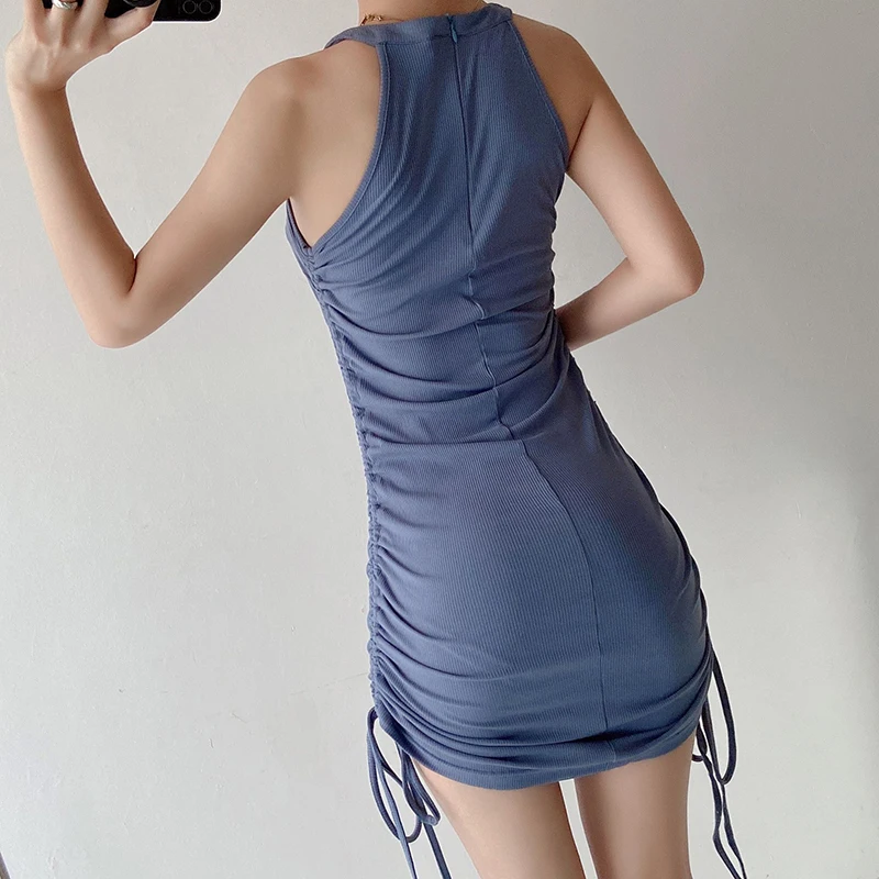 

A15 Ribbed Mini Dress Women Off Shoulder Sexy Party O Neck Drawstring Knit Club Tank Bodycon Short Women's Summer Dresses 2021