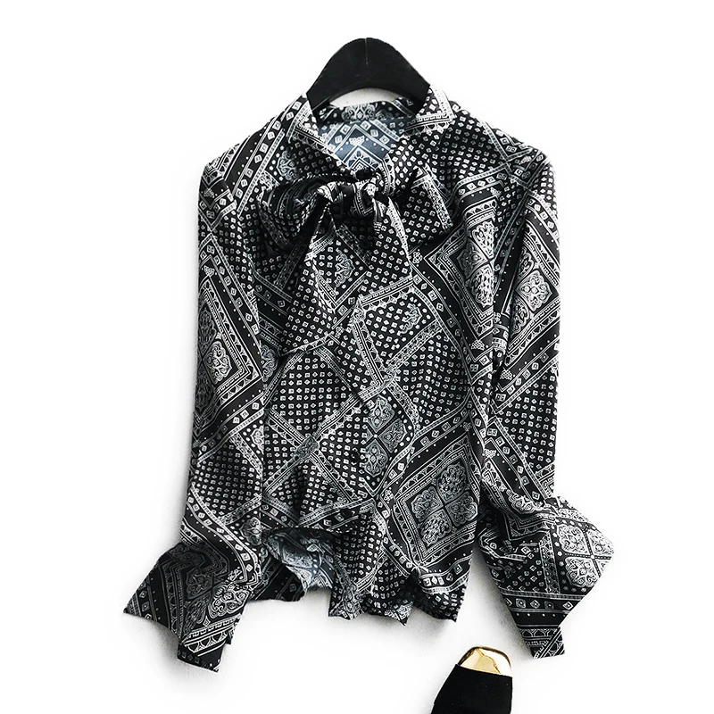 

SHUCHAN Bohemian Print Long Sleeve Blouse Womans Tops Bow Neck Stylish Female Blouses Camisas Estampadas De Mujer