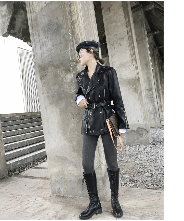 

Medium Long Leather Jacket Women New Spring Autumn Slim With Belt Black Biker Leather Coats Female Turn Down Collar Zipper Coat