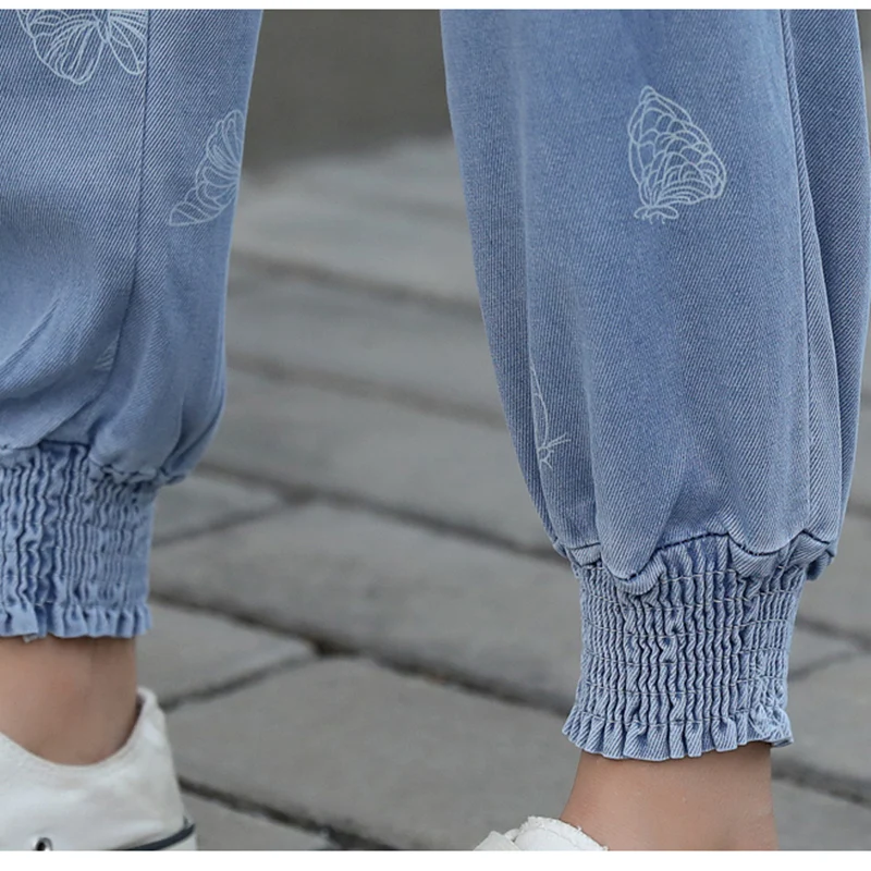 

Tie Feet Tencel Jeans Elastic Waist Straight Denim Trousers 2021 Summer Thin Loose Casual Harem Pants Women Fashion Streetwear